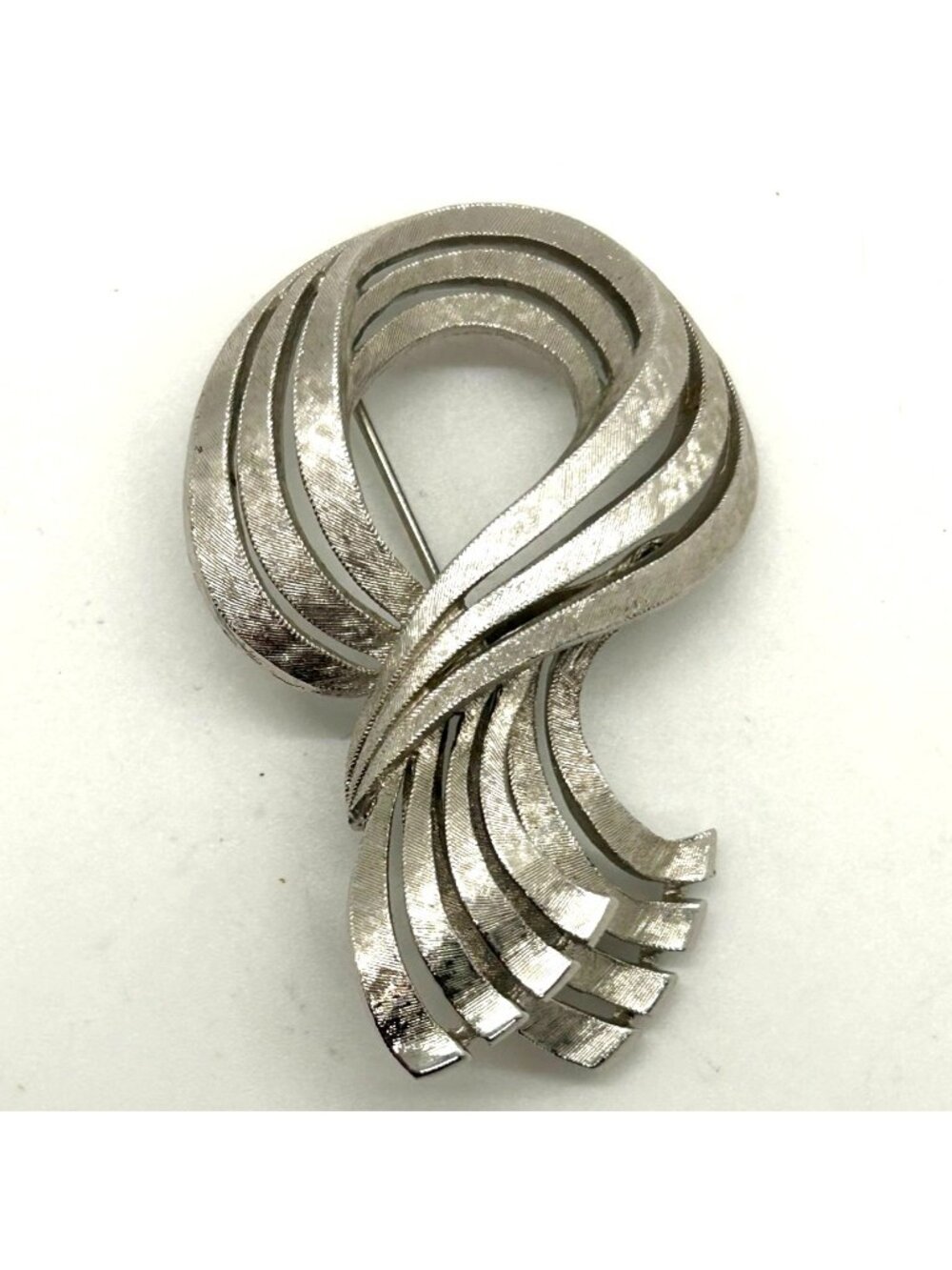Vintage Monet Silver-Tone Brooch With Etched Textured Finish & Abstract Ribbon